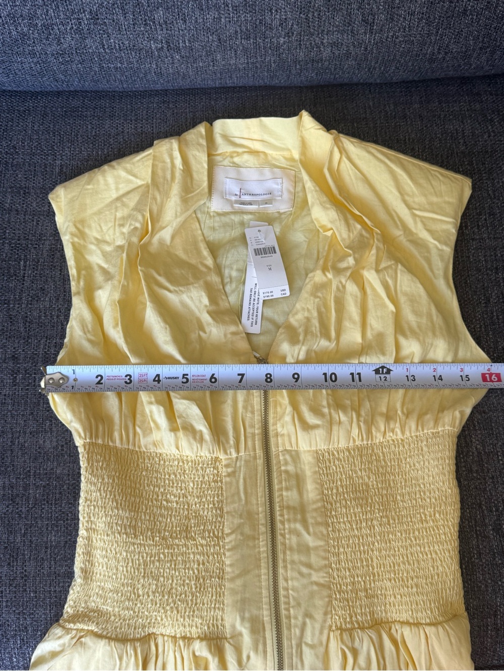Anthropologie Tommie Cap Sleeve Smocked Front Zip Yellow Zip Midi Dress - Picture 8 of 12